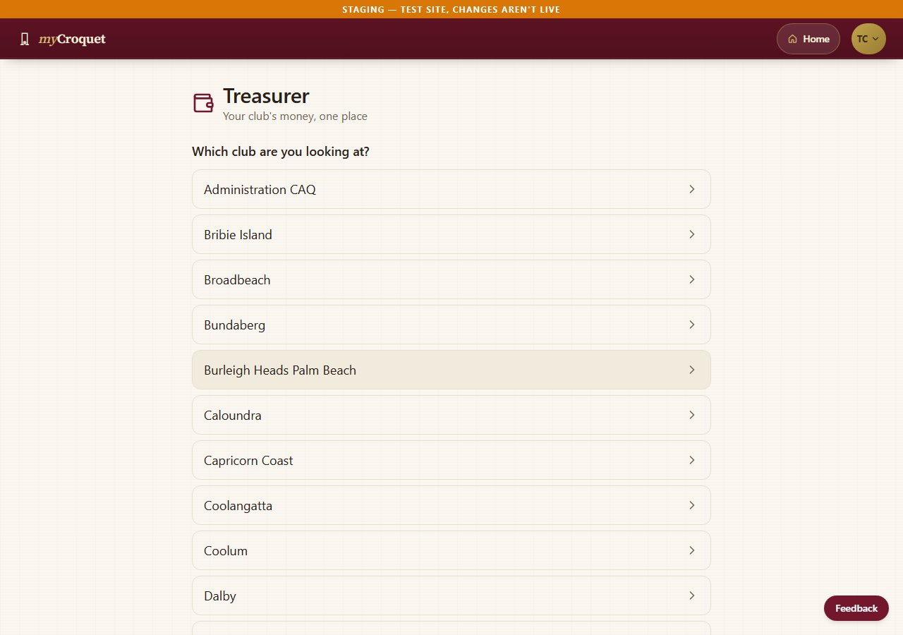 The Treasurer module's club picker, one of the screens no member without treasurer access ever sees