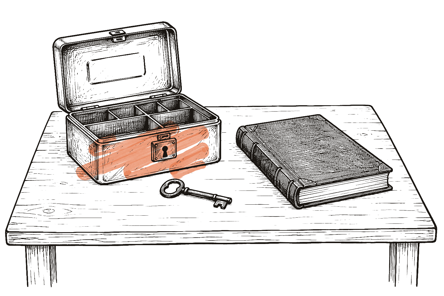 Ink drawing of an open cash tin, an old key and a hardback ledger book on a wooden table.