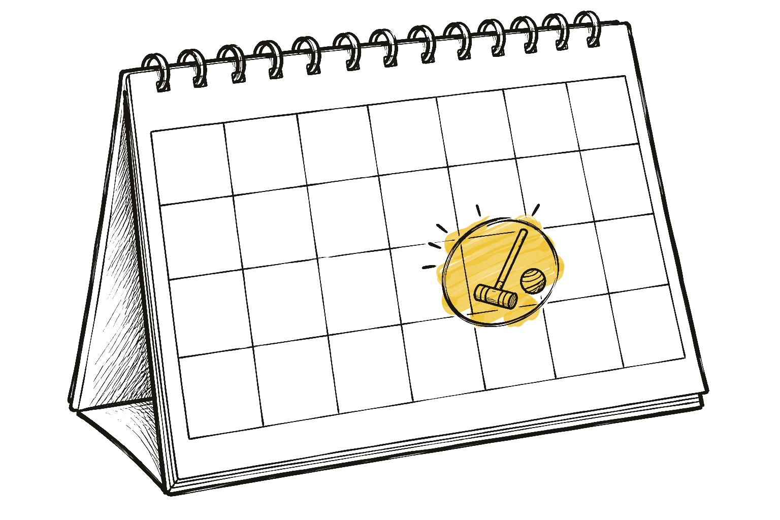 A line drawing of a desk calendar with one date circled and a croquet mallet and ball drawn in it.