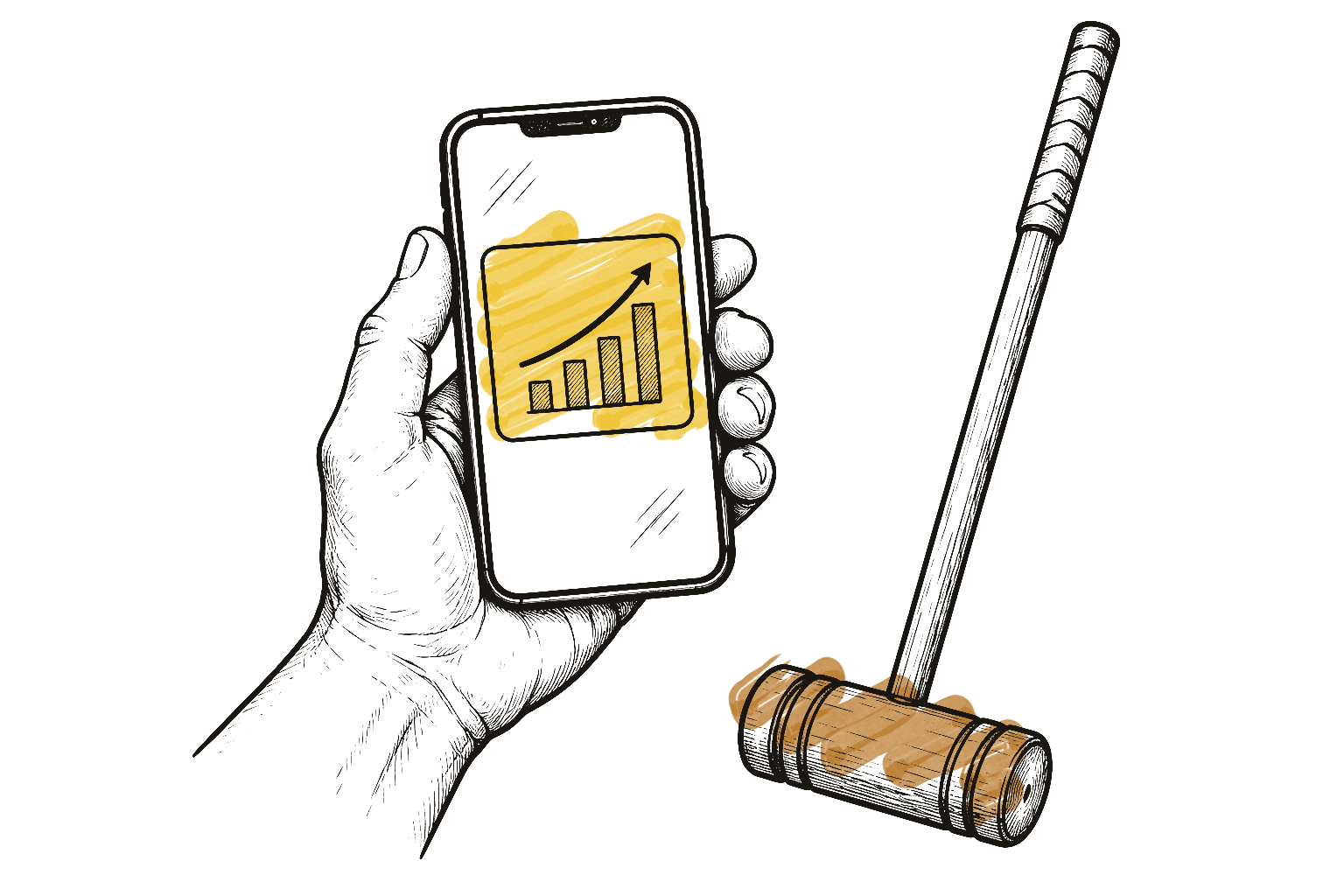 A line drawing of a hand holding a phone that shows a rising bar chart, with a croquet mallet beside it.