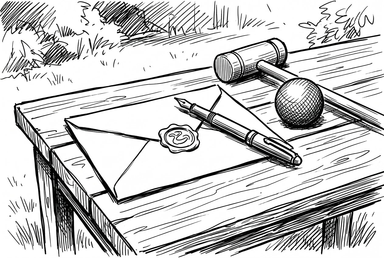 Ink drawing of a sealed envelope and a fountain pen on a garden table, with a croquet mallet and ball.