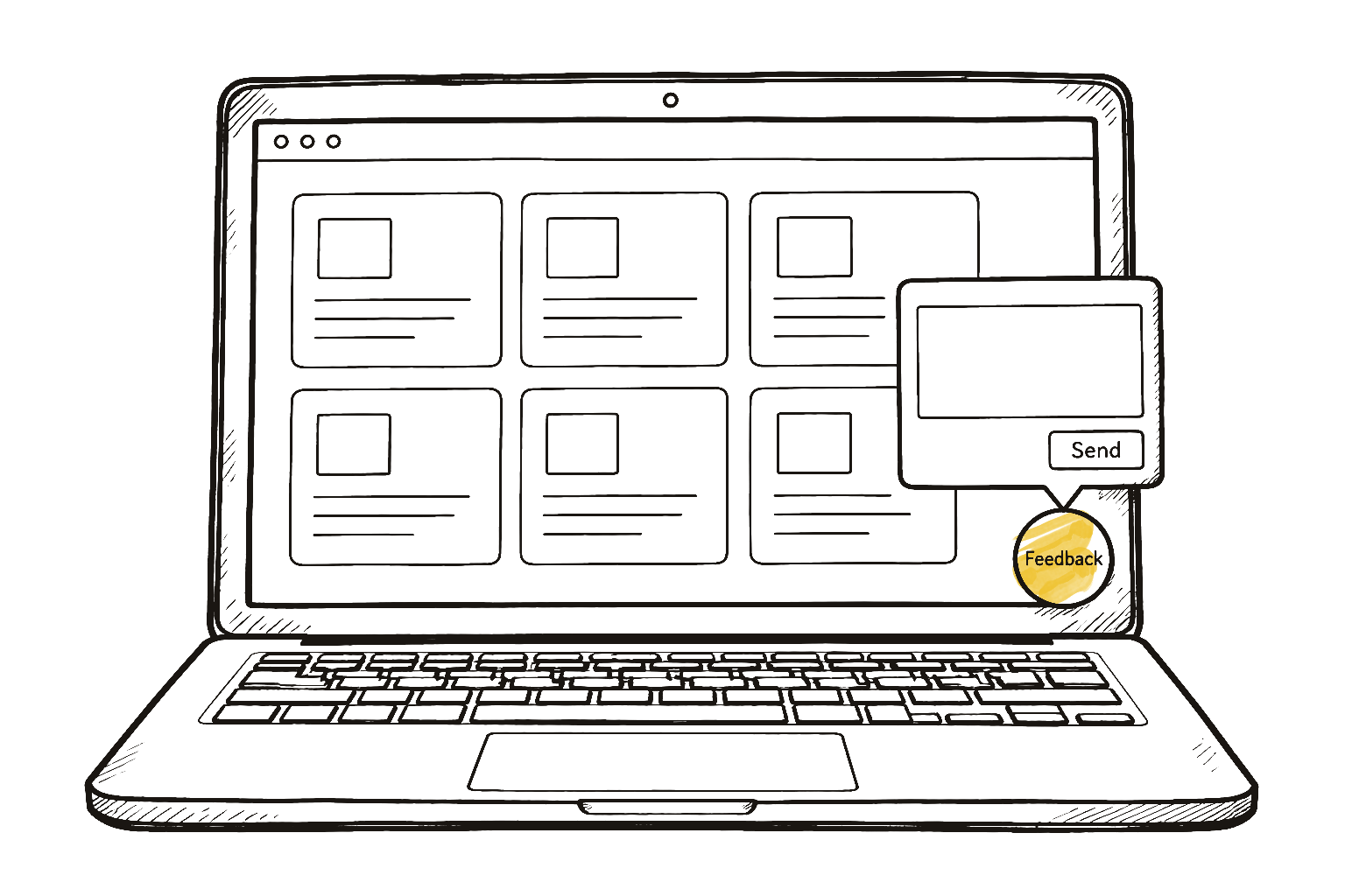 A line drawing of a laptop showing the myCroquet dashboard, with the Feedback button at the bottom right and its message box open.