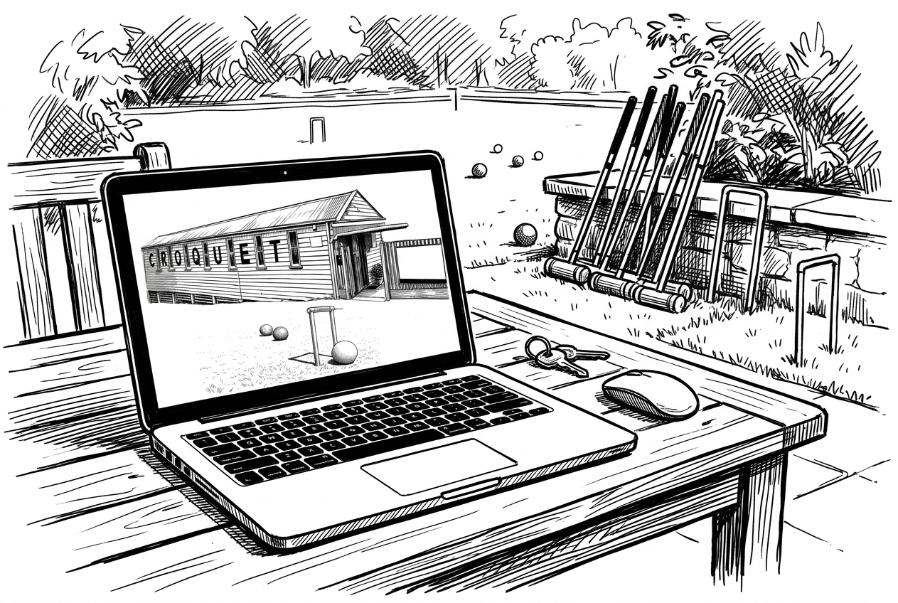 Ink drawing of a laptop on an outdoor table showing a croquet clubhouse, with mallets and hoops on the lawn behind.