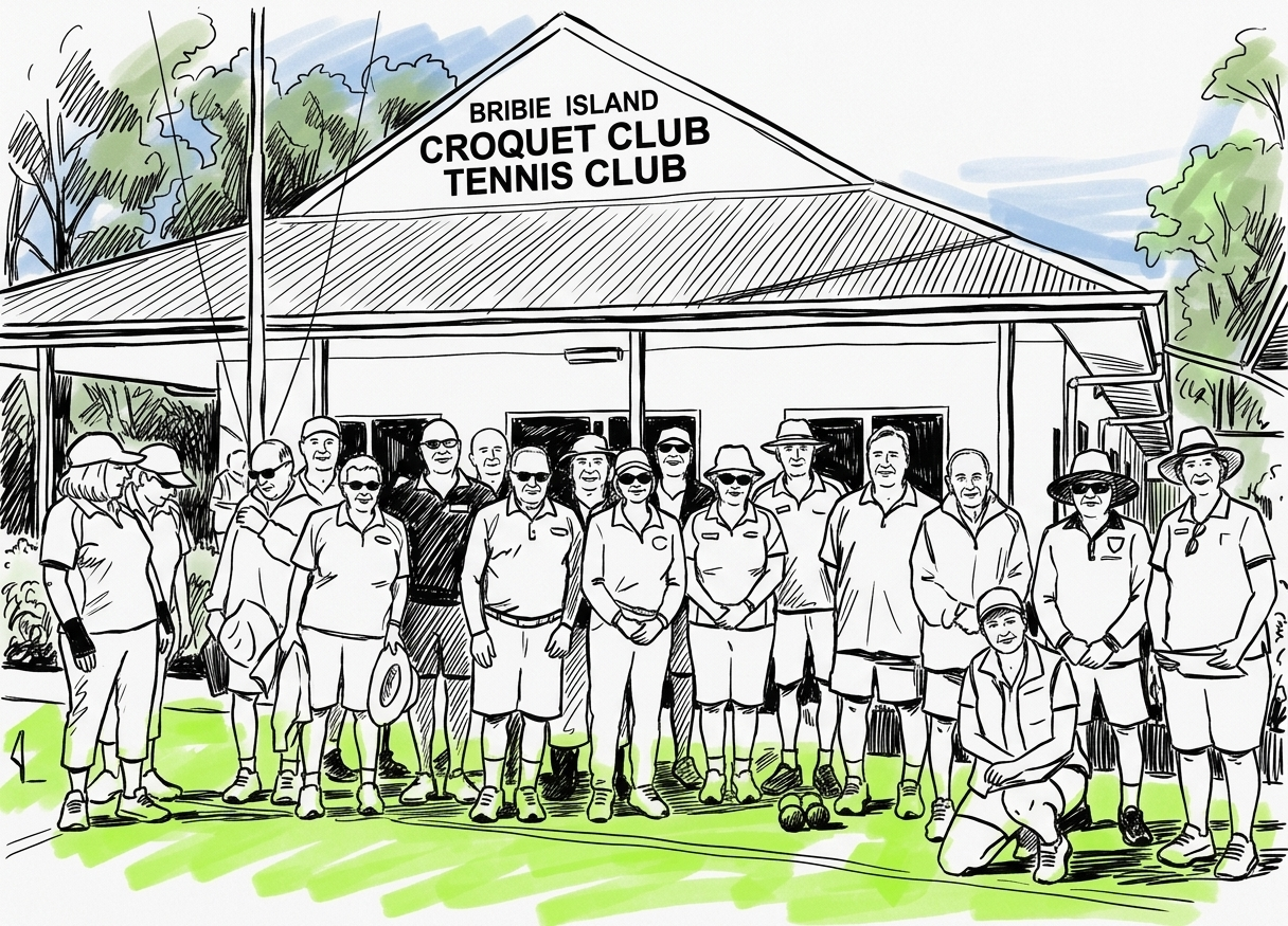 Ink drawing of a group of club members in front of the Bribie Island Croquet Club and Tennis Club clubhouse, with a green wash on the grass.