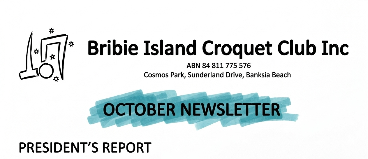Ink drawing of the masthead of Bribie Island Croquet Club's October newsletter, with the heading October Newsletter highlighted in teal.