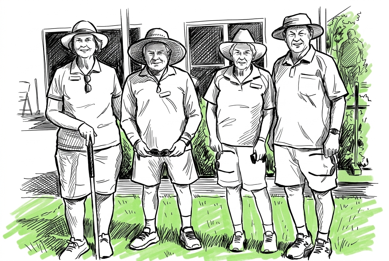 Ink drawing of four players standing on the green in sun hats, with a green wash on the grass.