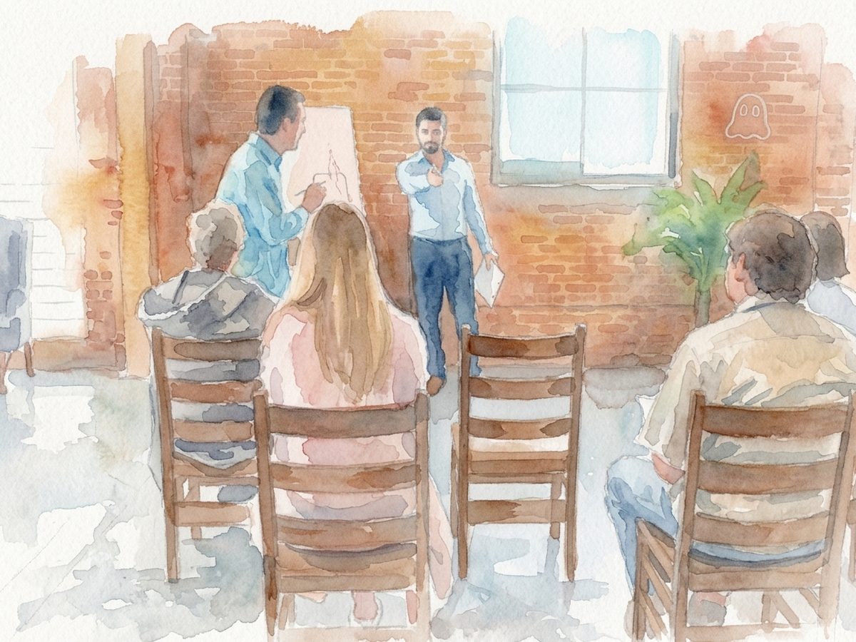 A person standing and speaking to a small seated group in a meeting room.