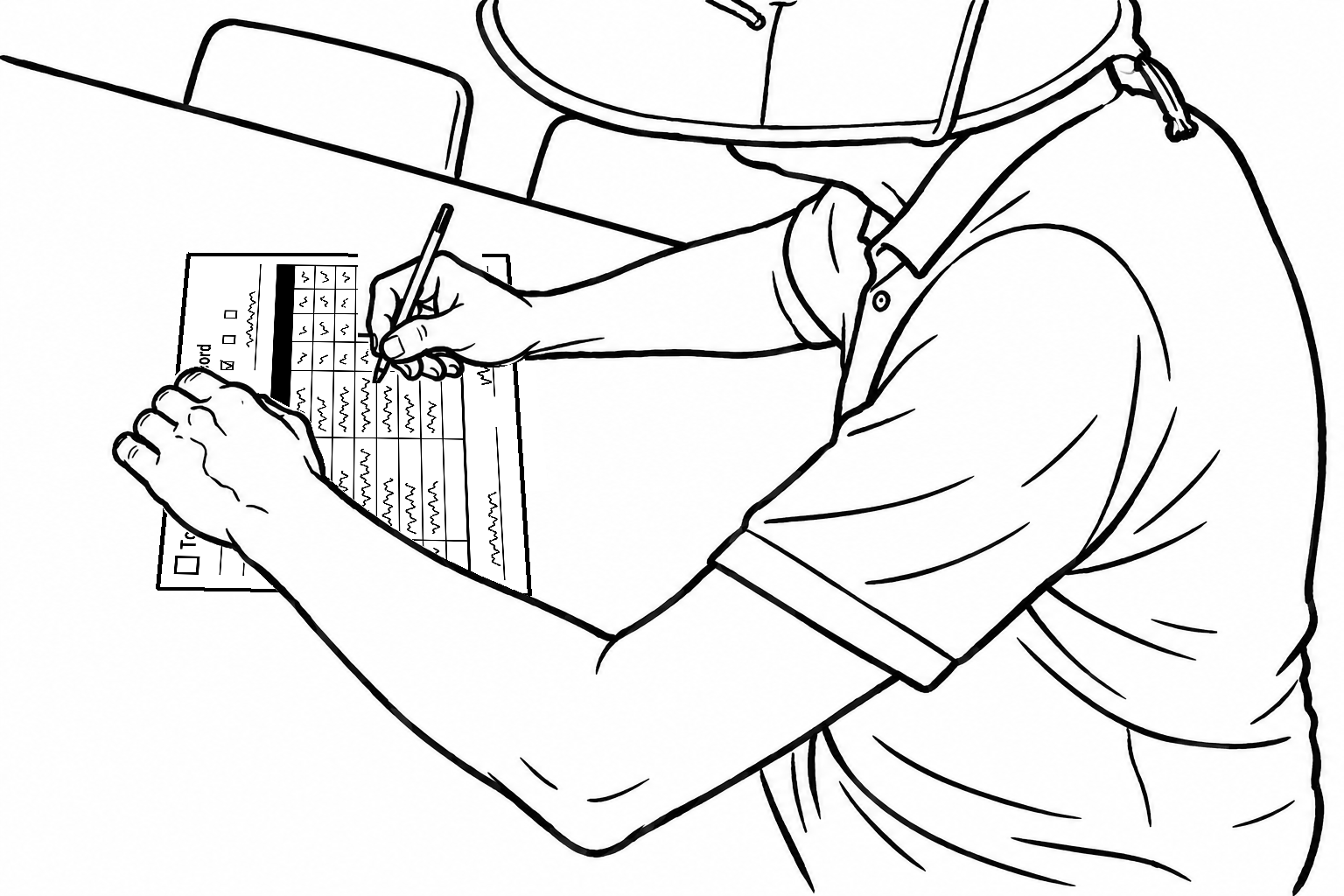 Line drawing of a woman in a wide-brimmed hat filling in the Tournament Handicap Record form at a clubroom table