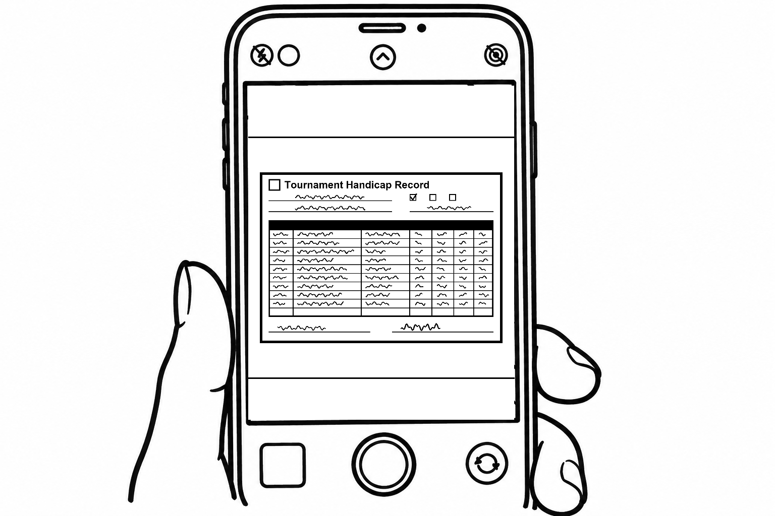Line drawing of a hand holding a phone, taking a photo of a filled-in Tournament Handicap Record form