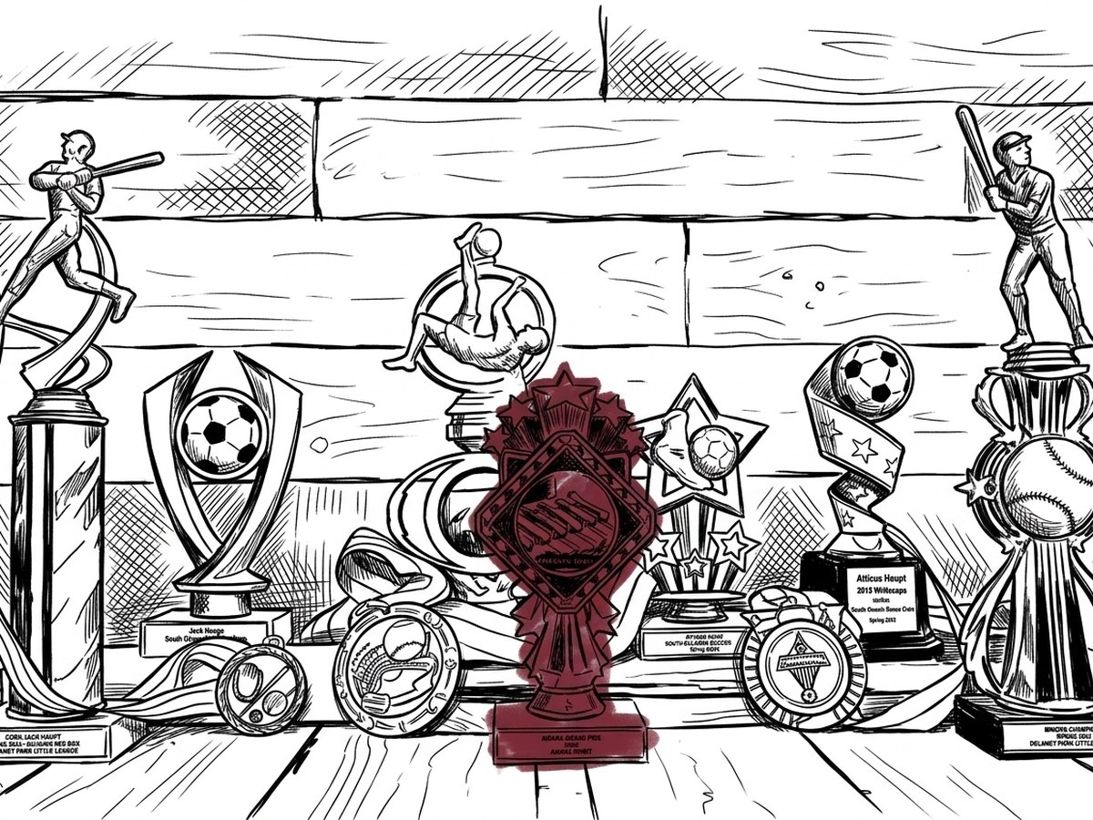 A row of trophies and medals lined up along a shelf.