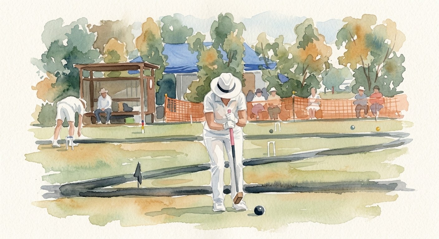 A player in tournament whites and a wide-brimmed hat lining up a shot on a closely mown lawn, with a second player on the neighbouring court.
