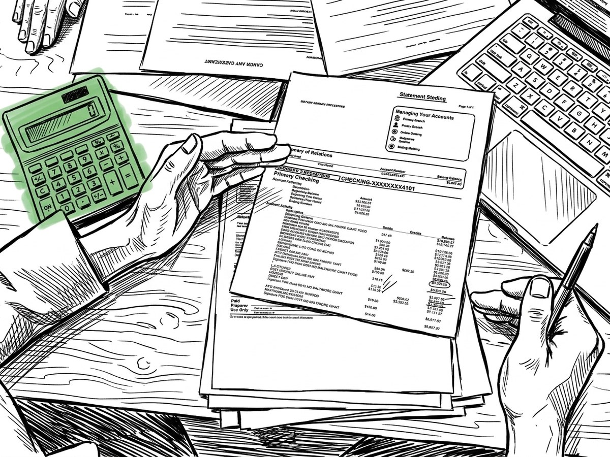 Two hands going through a bank statement, a calculator on the desk beside them.