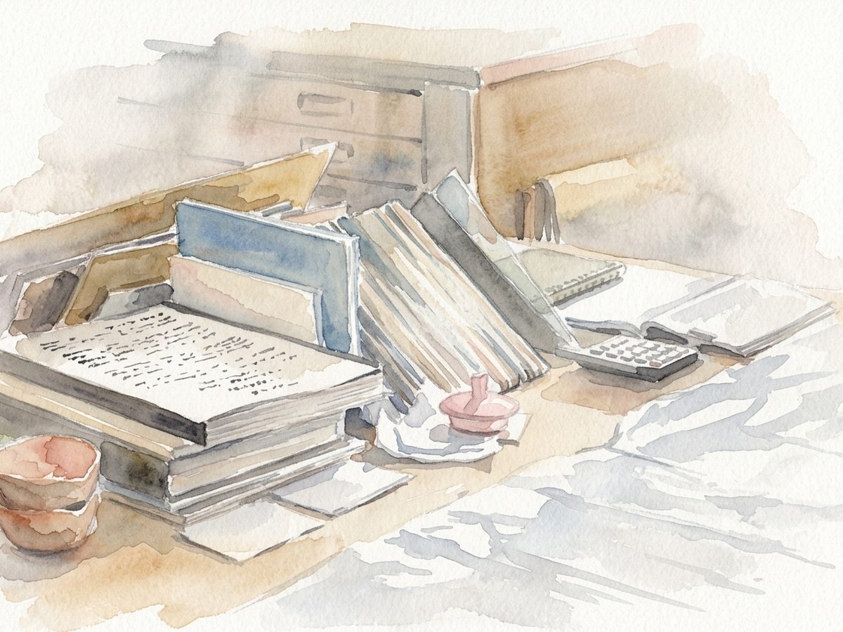 A stack of ring-bound reports and folders piled on an office desk.