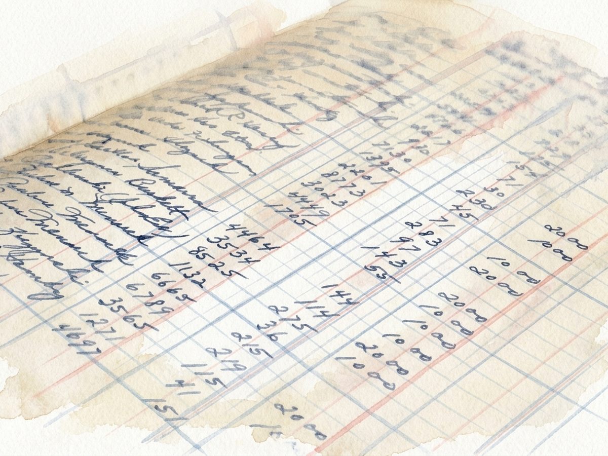 A handwritten ledger book with rows of figures ruled into columns.