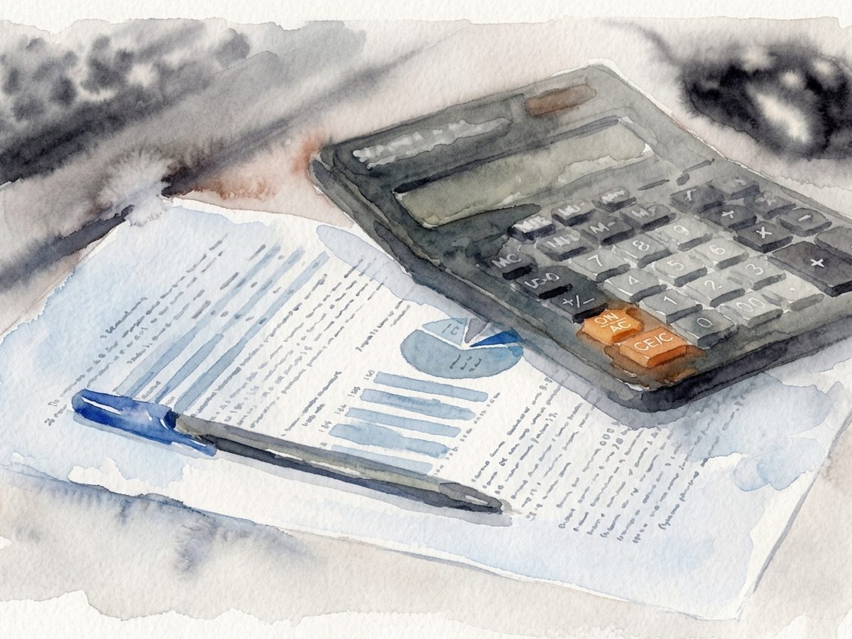 A calculator resting on a printed financial report next to a pen.