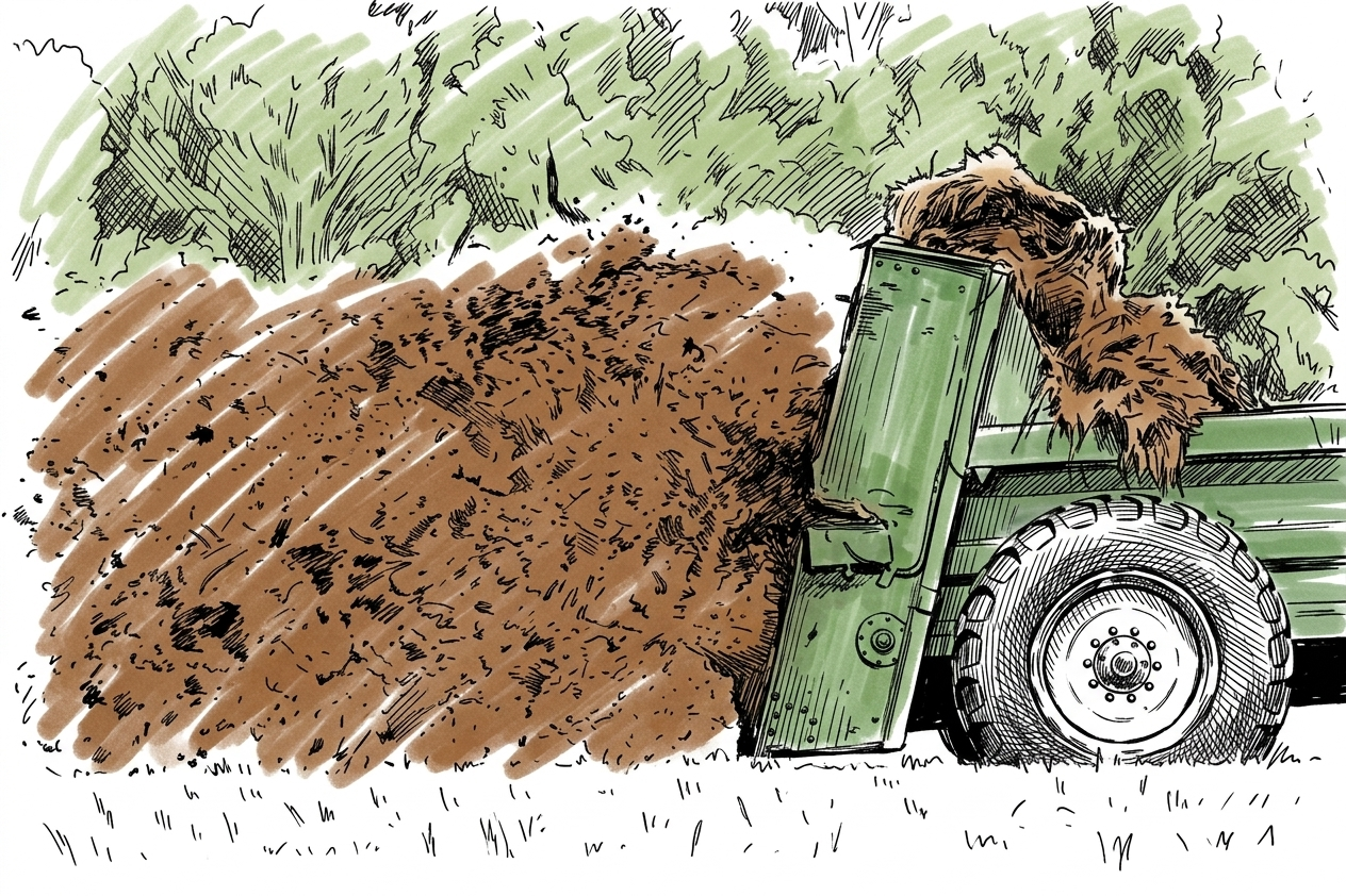 Ink colour-wash illustration of granular fertiliser being spread across a lawn