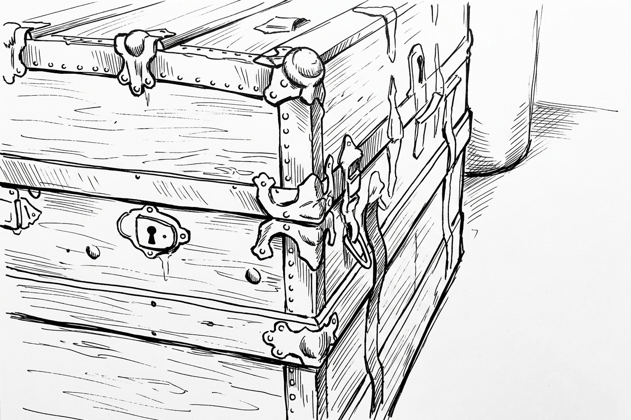 An old locked trunk with a metal hasp and latch.