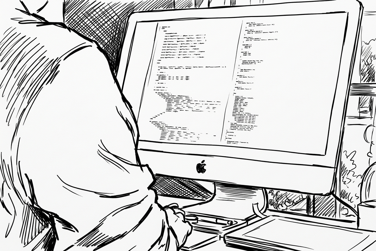 A person at a desk, viewed over the shoulder, watching a computer screen full of code.